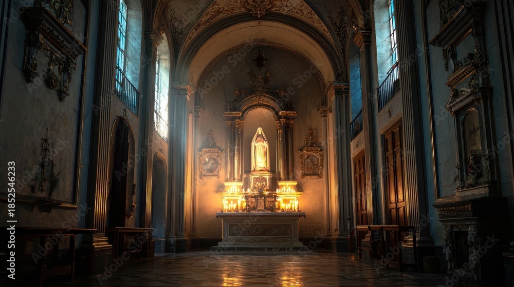 Obraz premium Interior view of an old church with architectural details and light beams