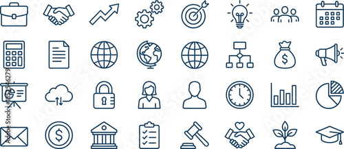 Set of forty business and finance outline icons representing various corporate concepts and data analysis elements