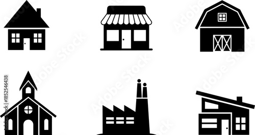Silhouette of various houses and buildings in black on white background silhouette