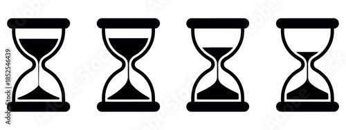 Set of four hourglasses with varying sand levels on white background vector.