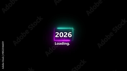 glowing neon White text 2026 inside a glowing purple rectangle with loading dots below on black background progress.4k motion video animated.