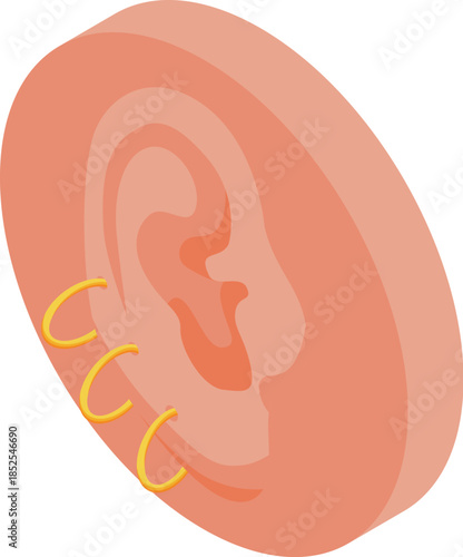 Isometric view of pierced ear with multiple gold rings, representing body modification and fashion trends