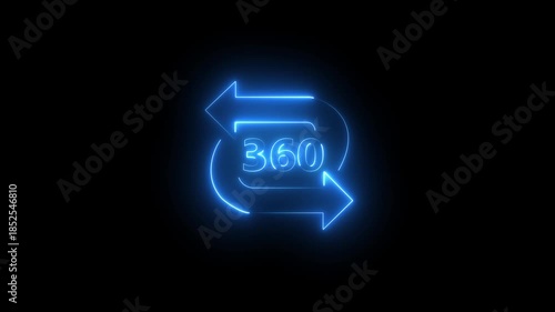 Glowing Neon 360 degree sign animation icon on black background. rotation icon with arrow futuristic technology concept. 360 degree rotate view icon animation. 4k video animation