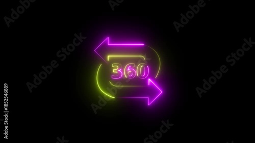 Glowing Neon 360 degree sign animation icon on black background. rotation icon with arrow futuristic technology concept. 360 degree rotate view icon animation. 4k video animation