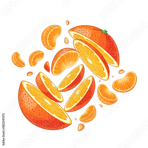 Slices and segments of fresh orange or tangerine falling on white background