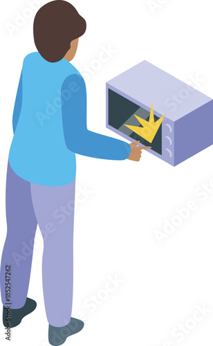 Male technician pointing at a broken microwave oven with sparks coming out of it, isometric view