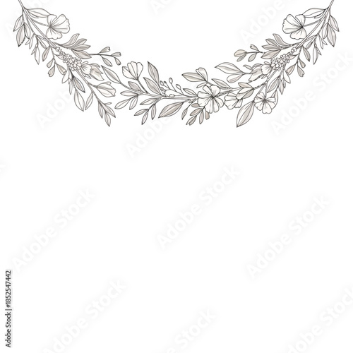 Elegant Floral Swag Border with Hand-Drawn Wildflowers and Leaves in Line Art Style