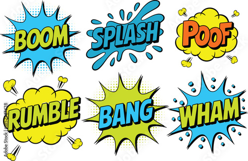 Comic sound effects illustration set, boom splash bang wham poof rumble, pop art explosions, vintage comic style design
