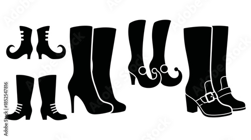 Collection of black silhouette boots with different designs