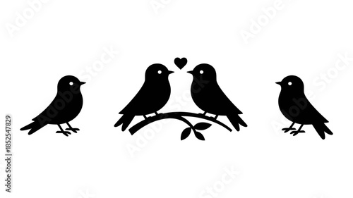 Silhouette of two loving birds sitting on a branch with a heart above