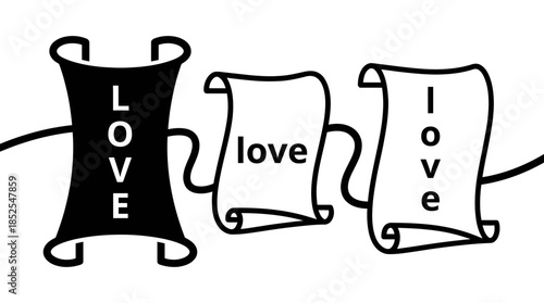 Three scrolls with the word love written on them