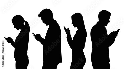 People engrossed in their smartphones, silhouetted