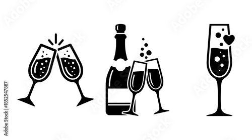 Champagne toast, bottle, and celebratory glass with heart