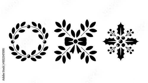 Christmas ornamental elements: wreath, bow, and holly