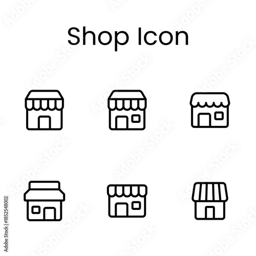 Shop icon set featuring retail store, shopping symbols, storefront elements and commerce graphics ideal for ecommerce apps, websites and business branding.