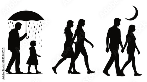 Silhouettes of people walking in different weather and times of day