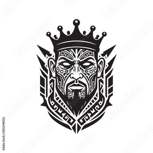Tribal King Face Logo Vector Illustration. Bearded male head with crown and ethnic geometric facial tattoo. Royal warrior mascot symbol design in black and white.
