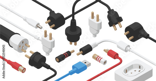 Colorful audio jack connectors isolated on white background, gold plated 3.5mm headphone plugs for sound and music equipment