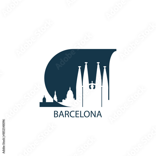 Barcelona logo with cityscape, skyline, city panorama. Vector flat modern icon. Spain emblem contour with cathedral, landmarks and buildings