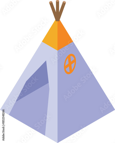 Purple isometric wigwam with a wooden frame and orange top, symbolizing native american dwellings and heritage