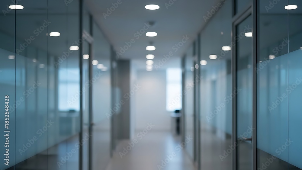 Obraz premium Abstract Blurred Modern Office Corridor with Glass Walls and Clean Corporate Architecture Background