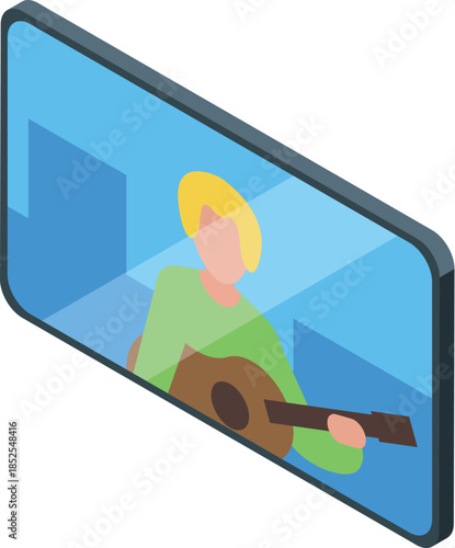 Smartphone displaying online music concert with musician playing guitar, viewed isometrically