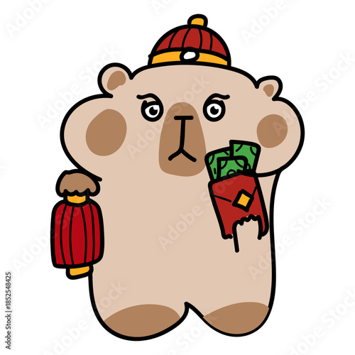 Lovely chubby hamster with money envelope and lanterns