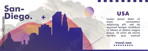 San Diego, California USA city banner with skyline, cityscape, landmarks. Horizontal travel vector illustration layout for website, page, presentation, header, footer