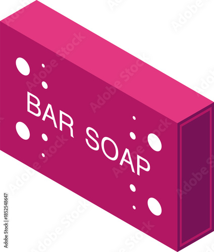 Pink bar soap with the words bar soap written on it, showing bubbles, isolated on white background, isometric view