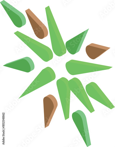 Abstract expanding shape with green and brown petals in isometric view, ideal for modern and minimalist designs