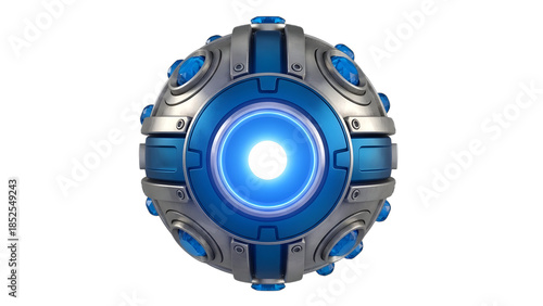 Blue and silver futuristic orb with glowing center isolated on a transparent background