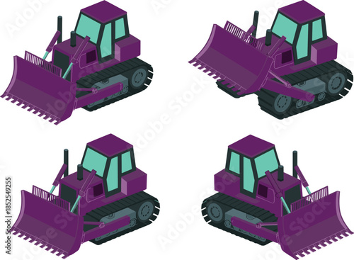 Isometric bulldozer illustration set, construction heavy equipment, crawler tractor with blade, industrial machinery, earthmoving vehicle, flat vector design