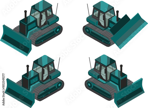Isometric bulldozer illustration set, construction heavy equipment, crawler tractor with blade, industrial machinery, earthmoving vehicle, flat vector design