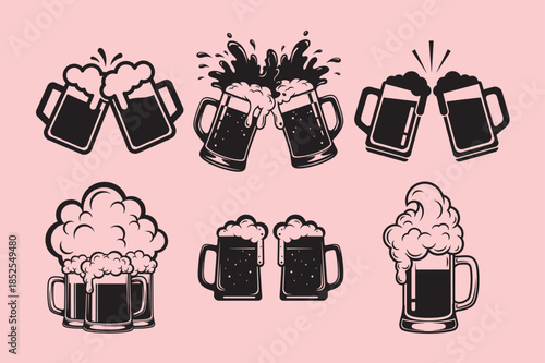 Celebratory beer mugs silhouettes vector.