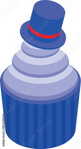 Delicious cupcake wearing a magic hat with a red ribbon, projecting an isometric view of sweet temptation