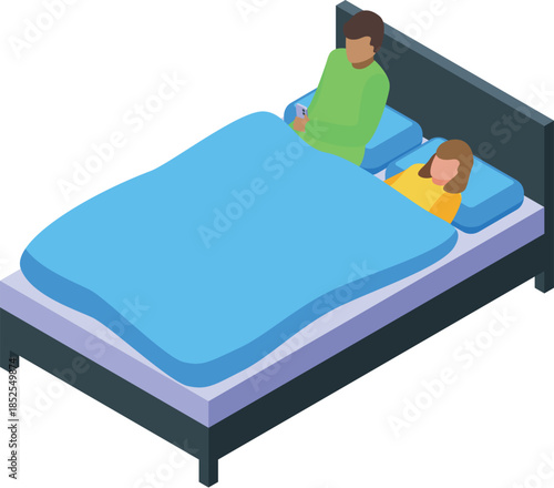 Man using smartphone while his partner is sleeping in bed, insomnia and sleep disorder concept