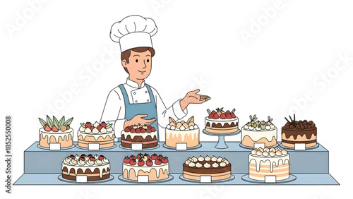 Baker Decorating Cakes in Bakery Shop with Various Desserts