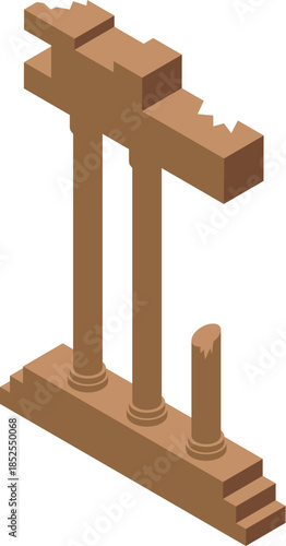 Isometric view of ancient temple ruins with broken pillars, showcasing historical decay and architectural remnants