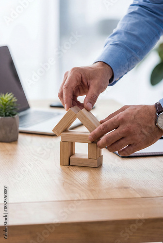 Businessman Building Wooden Block House Real Estate Market Concept