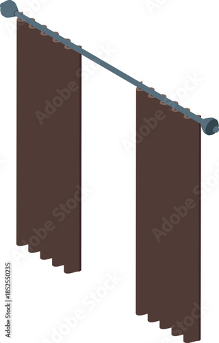 Isometric view of brown curtains hanging on a metal curtain rod, creating a cozy and private atmosphere