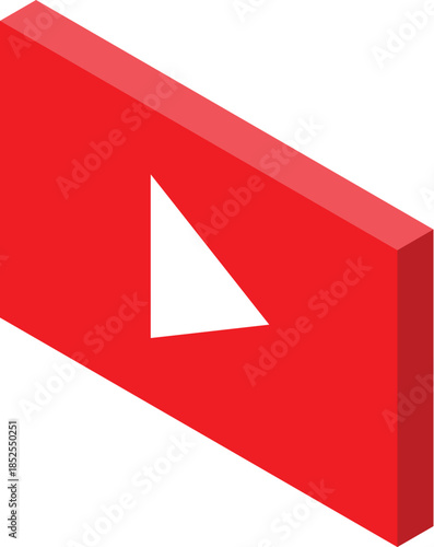 Red rectangle with white play symbol showing streaming video isometric icon on white background