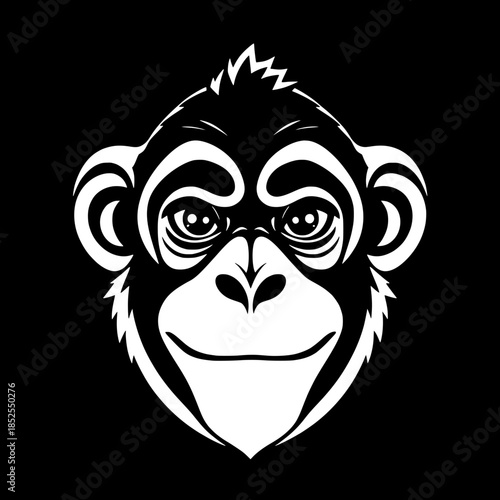Stylized black-and-white illustration of a monkey face, front-facing and perfectly symmetrical, with large rounded ears that are slightly inclined upwards, intense eyes that are deeply expressive with