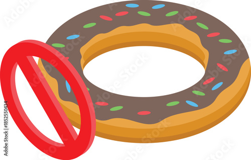 No sweets, chocolate donut with forbidden sign representing sugar free diet or healthcare concept