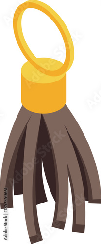 Brown leather tassel keychain with gold ring hanging in isometric view, isolated on white background