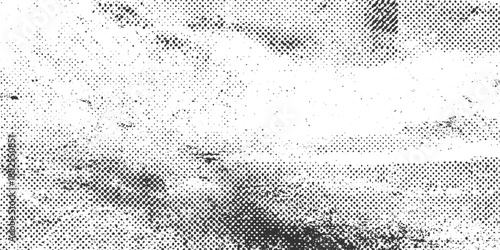 Black and white halftone dot pattern texture with abstract distressed grunge overlay background