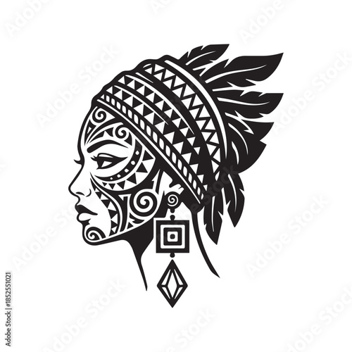 Tribal woman profile silhouette vector illustration. Beautiful female face with ethnic ornament headdress, jewelry, and geometric pattern tattoo design style.
