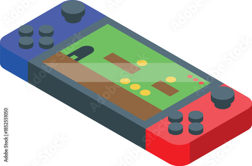Portable gaming console running a platformer game, shown in isometric view, ideal for gaming and technology related concepts