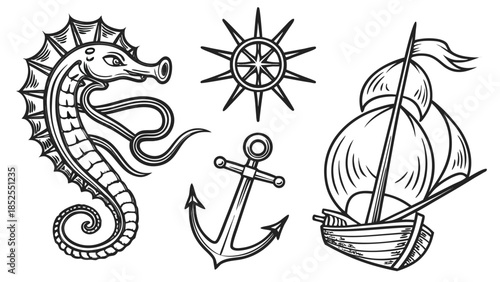 Nautical Mythology Symbols Hand Drawn Vintage Vector Set