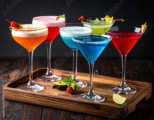A wooden tray displays various colorful cocktails, close-up shot