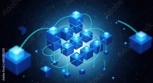 Abstract Network of Glowing Blue Cubes Representing Data and Connectivity.